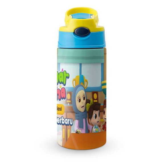 Omar y Hana: Telón de Fondo Botella de Agua con Tapa Pop Top de Un Toque, Acero Inoxidable, a Prueba de Fugas, para Deportes, Botella Infantil azul 12 oz