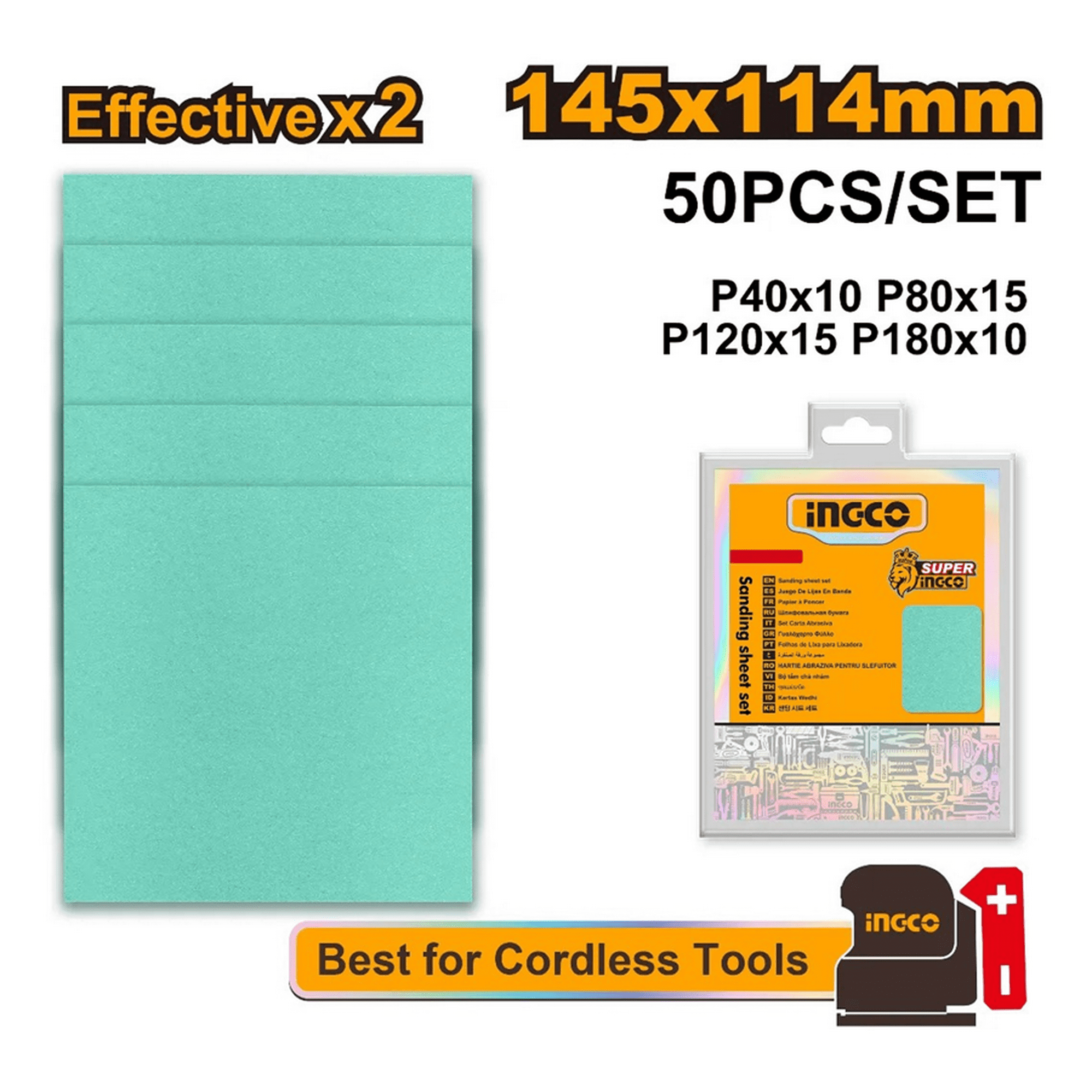 Set 50 Lijas P40 80 120 180 Multimaterial 145x114 Mm Ingco