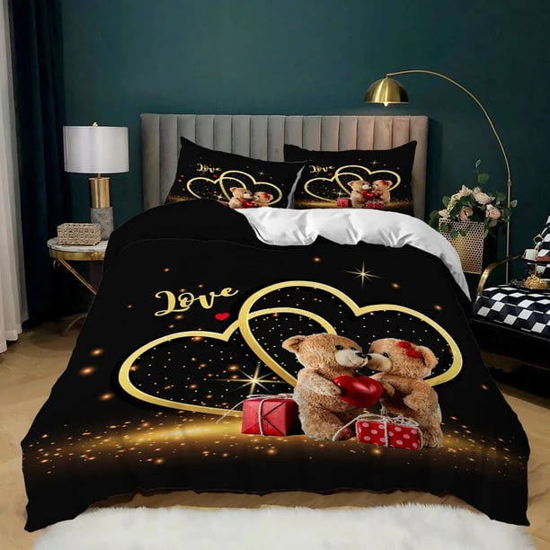 v2123 Bed Sheets Love Heart Valentine's Day Red Rose Flower Bedding Set Duvet Cover Comforter Bed Linen for Couple Twin Queen King Size Decor 3-Piece Bedding Set (1 Duvet Cover + 2 Pillow Shams) Bed S