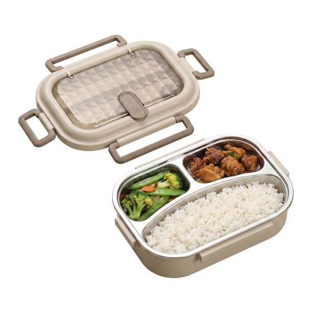 Caja Bento REGALWOVEN, Lonchera para Adultos, Contenedor de Preparación de Comidas a Prueba de Fugas con 3 Compartimentos y Acero Inoxidable 304 para Trabajo y Viajes Marrón Claro-2