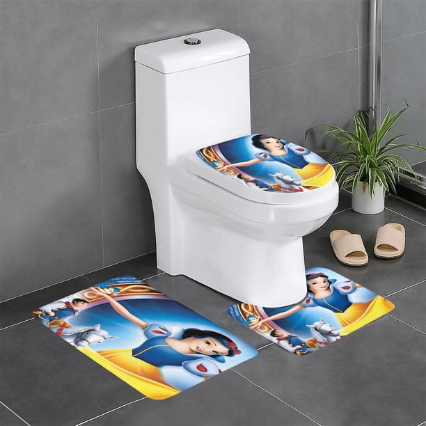 Blanca Nieves Princesa Juego de 3 alfombras de baño de coral fleece: tapete de baño + alfombra de inodoro en forma de U + funda de tapa de inodoro en forma de O