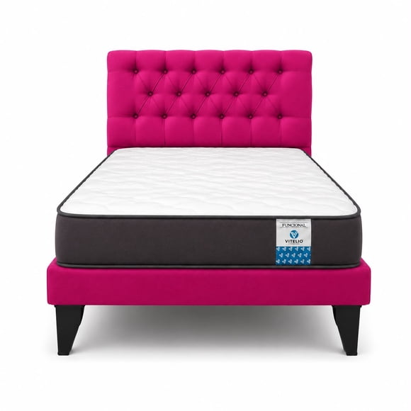 Cama 1.5 Plaza Fucsia Capitone + Colchón Ortopedico