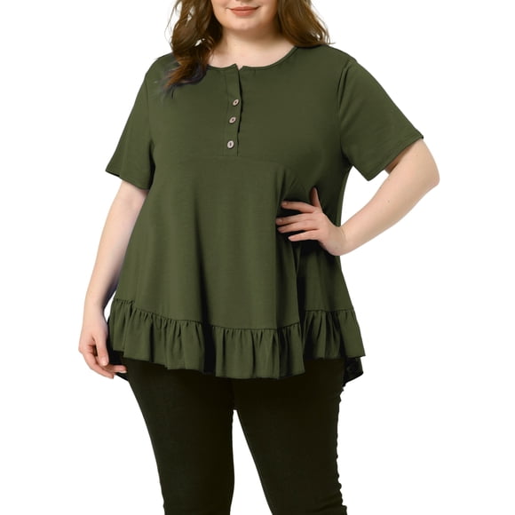 Blusas con Volantes y Mangas Cortas con Botones en el Cuello en V para Mujer de Talla Grande de Agnes Orinda, Talla 1X, Verde Militar