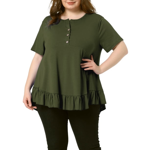 Blusas con Volantes y Mangas Cortas con Botones en el Cuello en V para Mujer de Talla Grande de Agnes Orinda, Talla 1X, Verde Militar