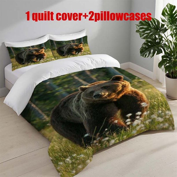 3pcs Brown Bear Grassland Ecological Scene Printed Bedding Set | Includes 1 Duvet Cover + 2 Pillowcases All Season