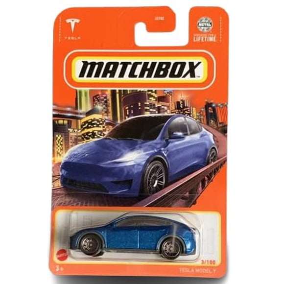 Caja de fósforos de coche fundido a presión Tesla Model Y a escala 1:64 azul 3/100