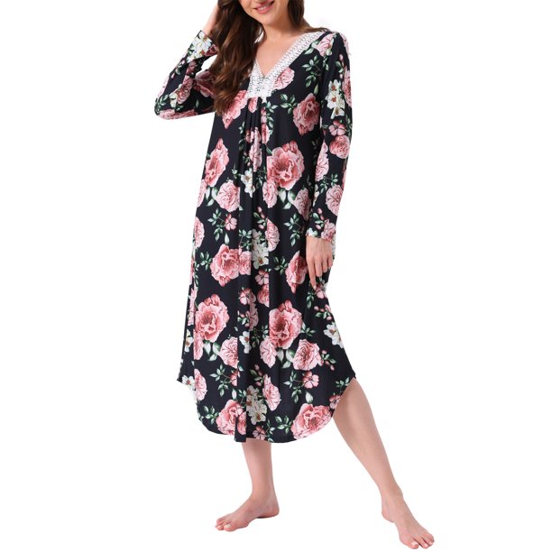 INSPIRE CHIC Vestidos de Noche para Mujeres con Flores Mumu de Manga Larga Ropa de Casa Camisones Moomoo XL Negro