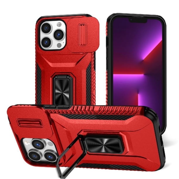Funda Armada para iPhone 13 Pro Max con Tapa Deslizante y Soporte Magnético Giratorio Rojo