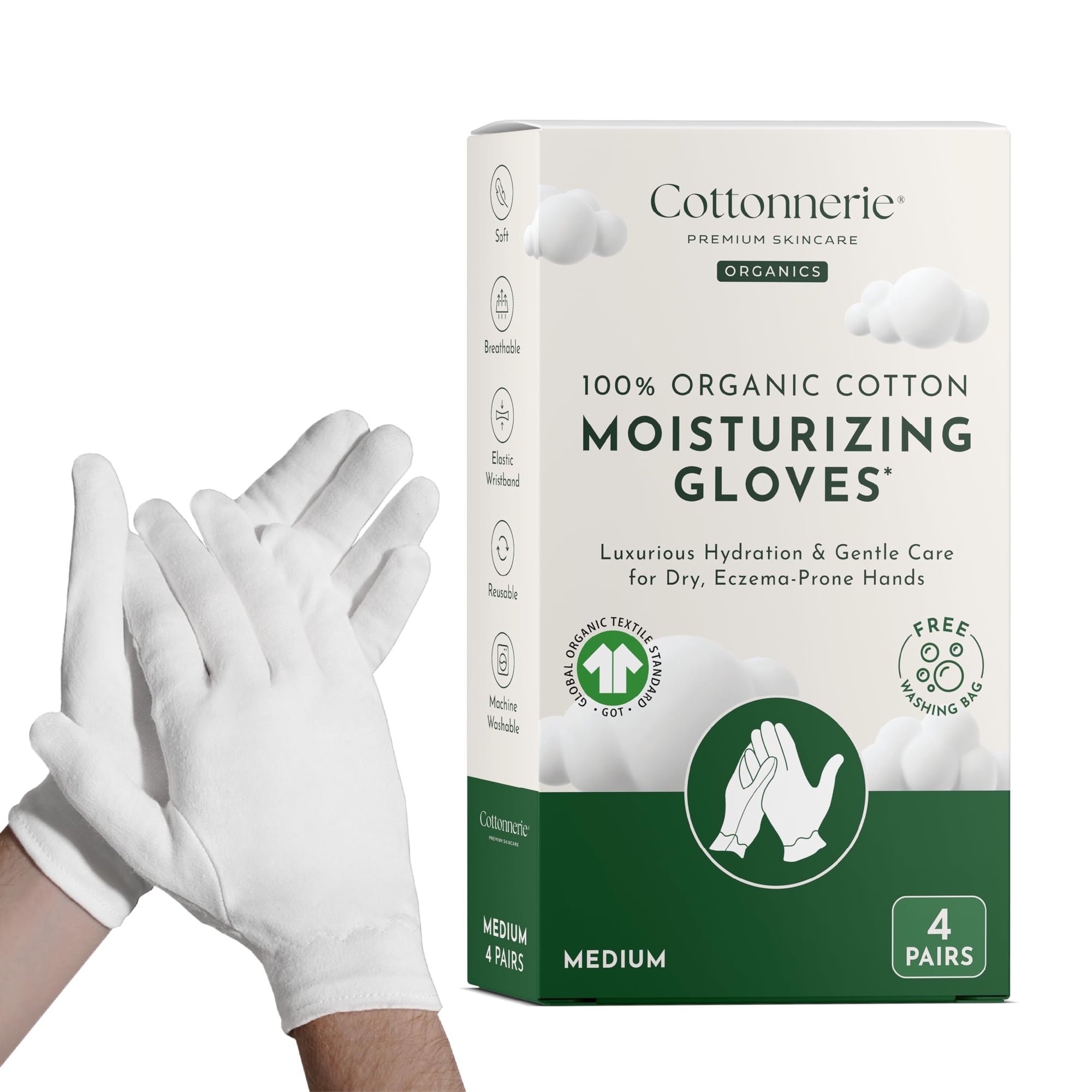 Guantes Hidratantes De Algodón Orgánico Cottonnerie, Talla Mediana, 4 Pares