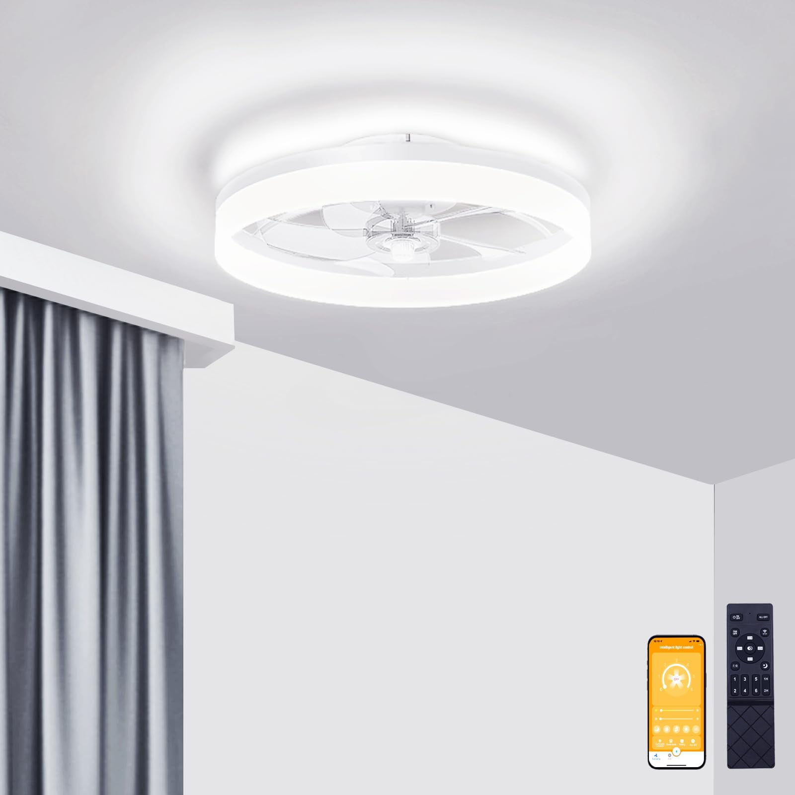 Ventilador De Techo Volisun De Perfil Bajo Con Luces De 50 Cm Con Mando A Distancia Blanco