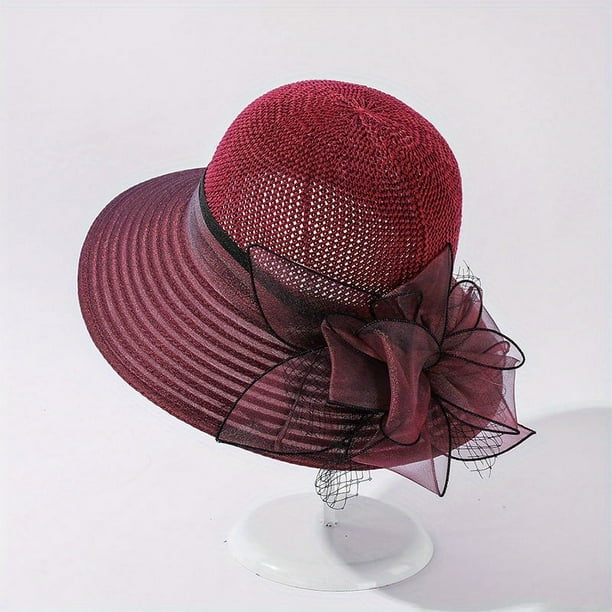 Women's Wide Brim Straw Bucket Hat with Floral Mesh Fascinator for Church, Weddings, and Beach Sun Protection - Perfect Valentine's Gift