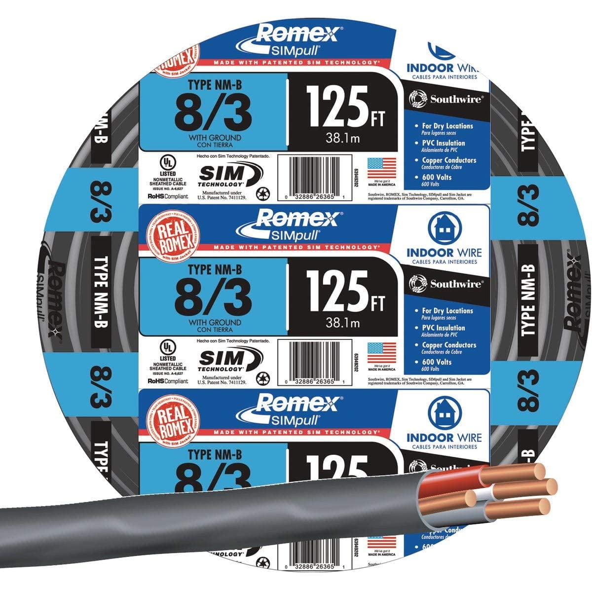 Cable De Cobre Southwire 8/3 Romex Tipo Nm-b W/g 125 Pies Negro