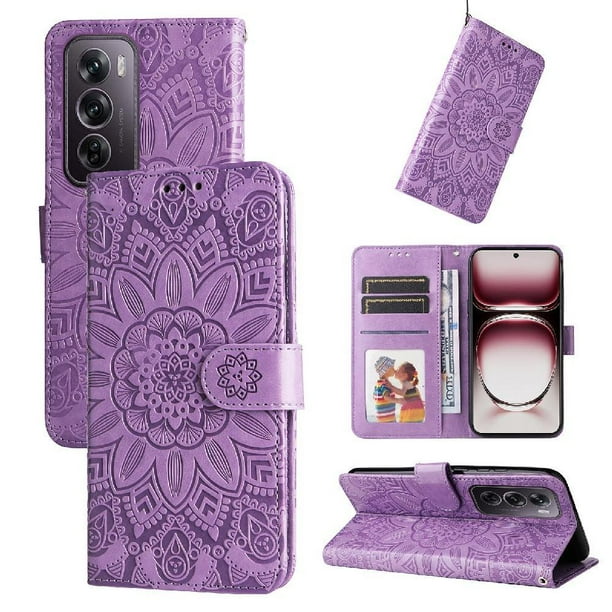 Funda tipo cartera FOXDOCK para OPPO Reno 12 5G , diseño girasol en relieve, cuero PU, cierre magnético, soporte y tarjetero