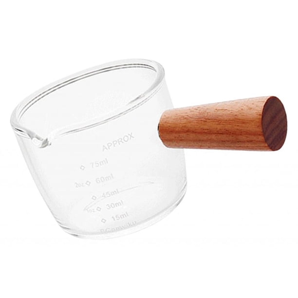 Taza medidora de vidrio para leche con mango de madera antiescaldado, taza para verter café expreso para cocinar leche, hacer café expreso, hornear 75