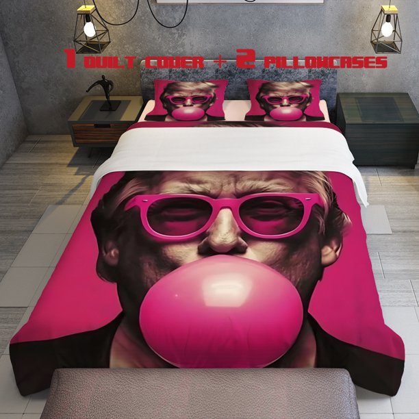 3pcs Bedding Set Featuring a Pink Trump Theme Including a Duvet Cover And Two Pillowcases