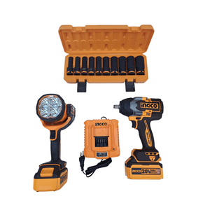 Llave Impacto 850Nm + Linterna 2000Lum + 10 Dados Largos + 2Bat 5.0Ah Ingco
