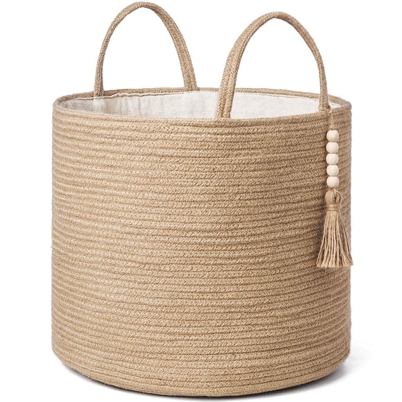 Cesta De Almacenamiento Cuerda Natural Tejida Con Cuentas De Madera 16 X 35 Cm