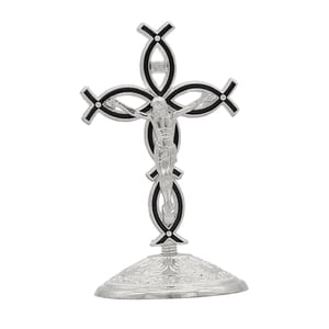 Magideal - Estatuilla De Cruz De Pie, Adorno De Escritorio, Artesanía, Estatua De Cruz Coleccionable, Estatua De Crucifijo De Jesús Para Chimenea, Estante De Ofi Negro Plata