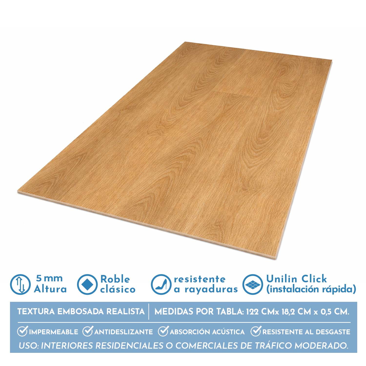 Piso SPC Roble Natural Click 5+1 mm 18,2 x 122cm 2,2 m²