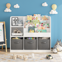 M&Ms - Kids Bookcase And Bookshelf, Multifunctional Bookcase With 3 Collapsible Fabric Drawers, Bookcase Display Stand, Toy Storage Organizer For Bedroom, Playroom, Hallway (White/Gray)