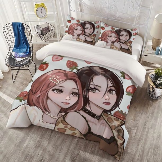 3pcs NANA Pink And Black Double Sister Strawberry Illustration Themed Digital Print Bedding Set Including 1 Duvet Cover And 2 Pillowcases