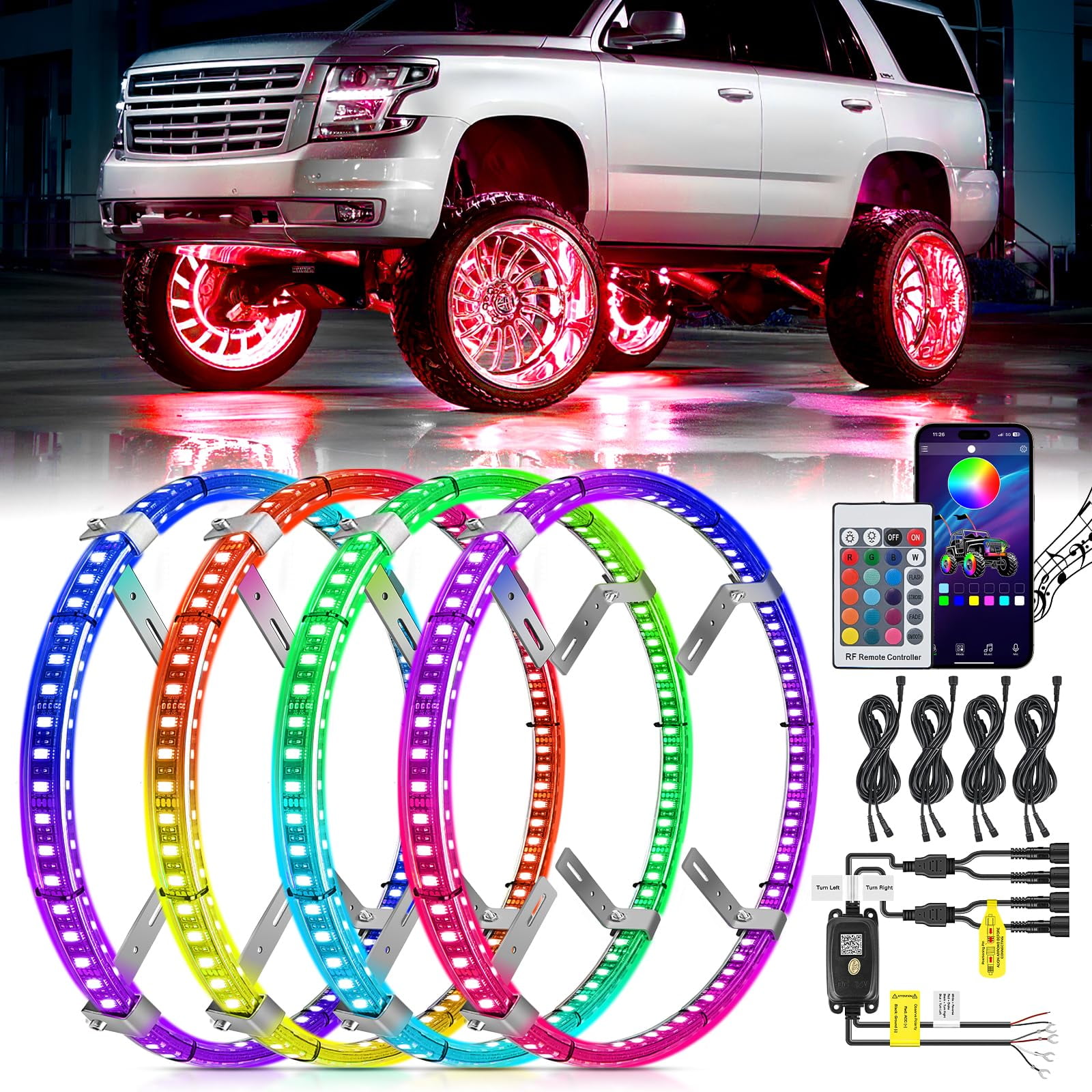 Aros De Luces Led Rgb Para Ruedas Nilight De 17,5" Con Control Por App Y Control Remoto