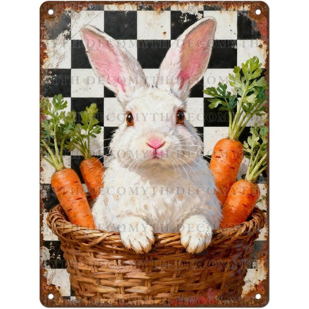 Letrero estaño metal conejo Pascua vintage conejo flor huevo primavera arte pared hogar granja cocina dormitorio 20x30cm