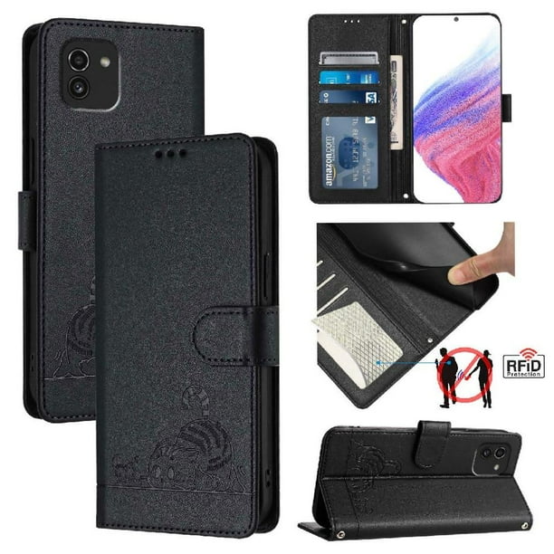 Funda tipo cartera FOXDOCK para Samsung Galaxy A03 con soporte, ranuras, RFID, diseño de gato