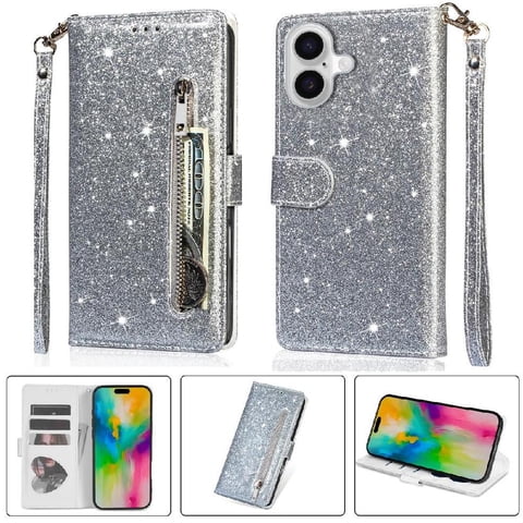 Foxdock - Funda Para Elegante Funda Iphone 16 Glitter Con Cremallera-Ideal Para El Uso Diario