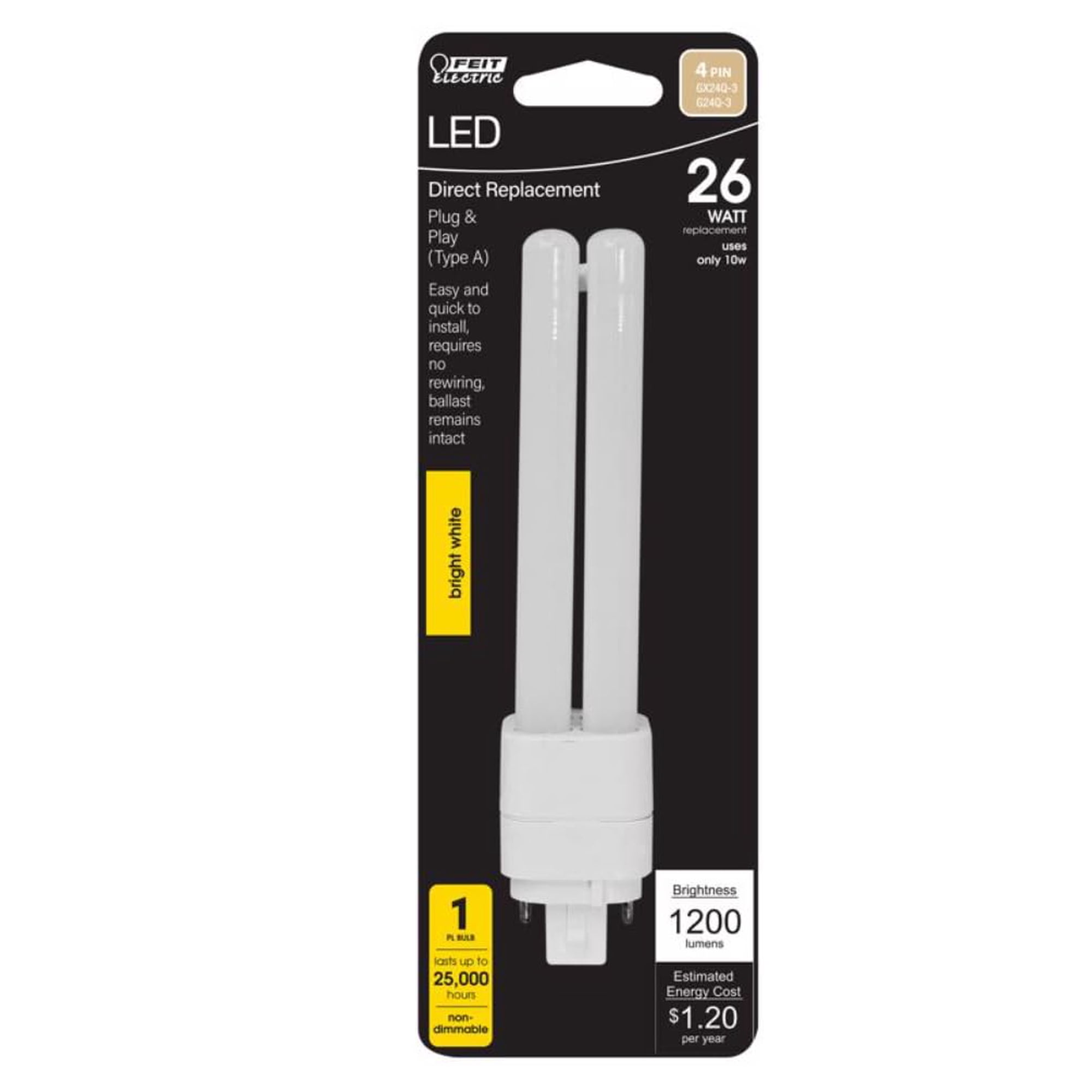 Feit Electric - Tubo De Luz Led Feit Pl Gx24q-3, 4 Pines, Blanco Neutro, 26 W, Paquete De 1