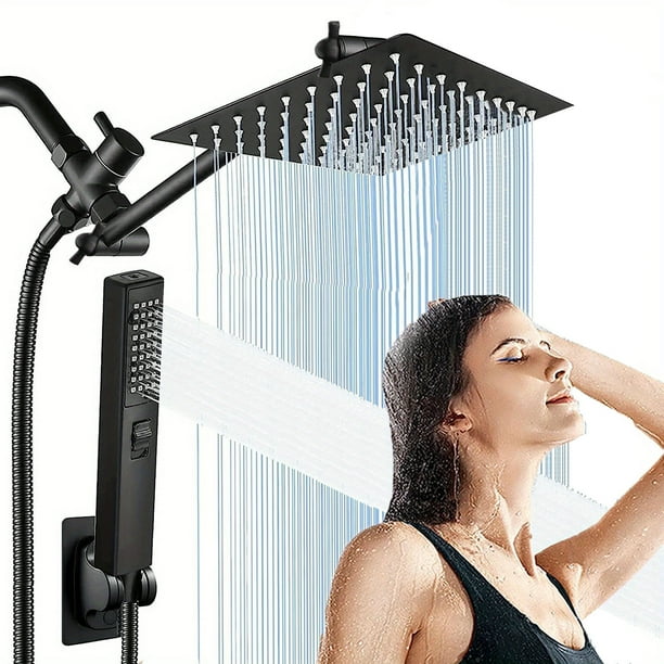 1set 2-in-1 Shower Head with Handheld Spray - 8'' Rain Square High Pressure Shower Head with 9'' Extension Arm and 78'' Hose - Includes Shower Holder for Easy Installation