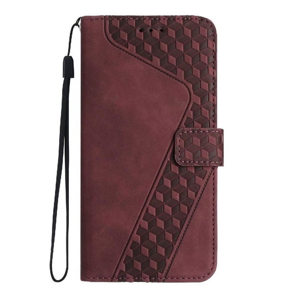 Funda tipo cartera para Oukitel C68 con tarjetero, bolsillo para billetes, soporte, cierre magnético y correa para la muñeca, funda tipo folio con textura geométrica marrón