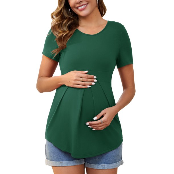 INSPIRE CHIC Blusa de Maternidad para Mujer de Manga Corta con Cuello Redondo y Diseño Arrugado Camiseta de Maternidad con Cintura en Capas Verde 2XL