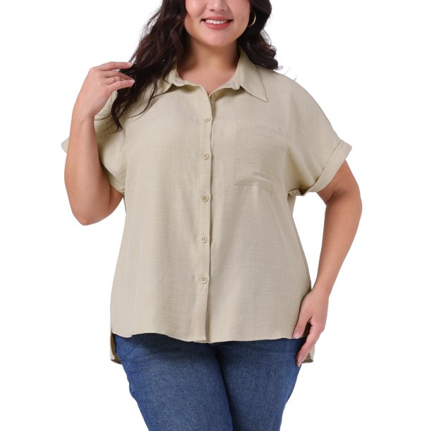 Agnes Orinda Camisas de Mujer Tallas Grandes con Botones, Cuello con Solapa, Mangas Cortas Enrolladas, Dobladillo Dividido, Blusas de Verano, Tops Casuales con Bolsillo 2X Beige