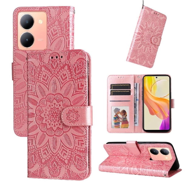 Funda tipo cartera FOXDOCK para Vivo Y78 5G , diseño girasol en relieve, cuero PU, cierre magnético, soporte y tarjetero