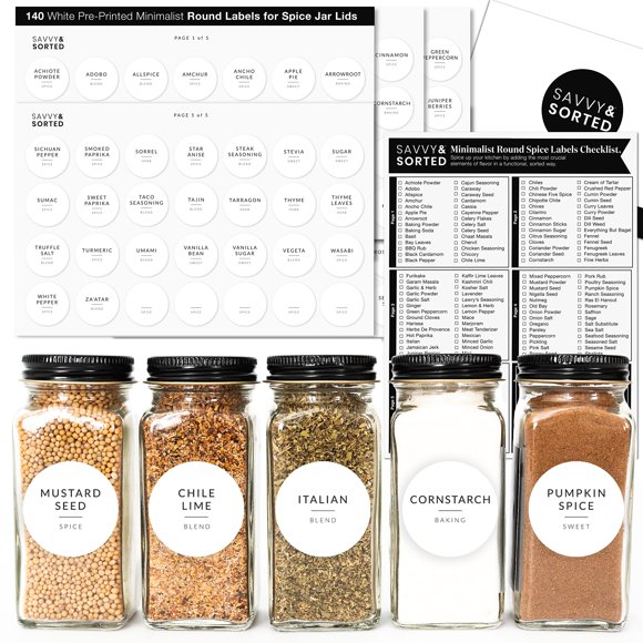 Spice Labels Savvy & Sorted, minimalistas, redondas, 140 etiquetas