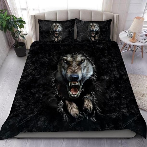 Angry Wolf Animal Black Quilt Duvet Cover Set Children Doona Cover Bed Linen3-Piece Bedding Set