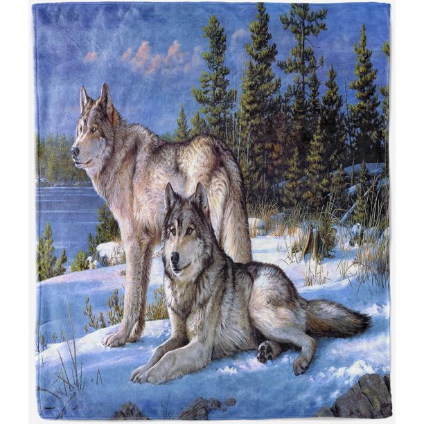 Wolf Throw Blanket Soft Lightweight Plush Flannel Fleece Blanket with Forest Animal Wolf Couple Print Pattern for Couch Sofa Bed Travel All Season Decorative Blanket for Baby Kids