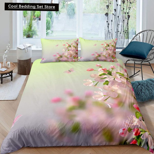 x2036 Bed SheetsPink Cherry Blossom Bedding Set Spring Flora Duvet Cover Japanese Flowers Quilt Cover Soft Polyester Comforter Cover 3-Piece Bedding Set (1 Duvet Cover + 2 Pillow Shams) nj2036