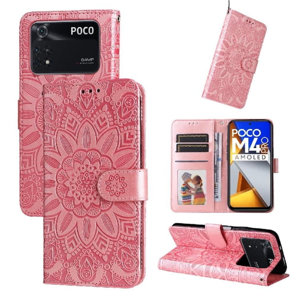 Funda tipo cartera FOXDOCK para Xiaomi Poco M4 Pro 4G , diseño girasol en relieve, cuero PU, cierre magnético, soporte y tarjetero