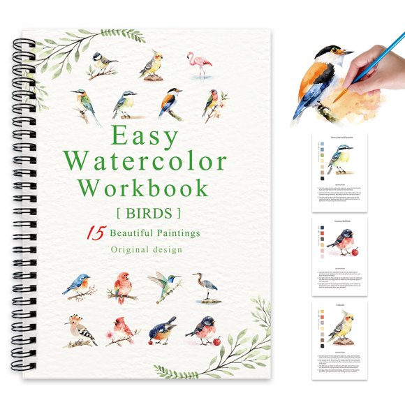 Libro de trabajo de acuarela Terself: Pájaros – 15 pinturas