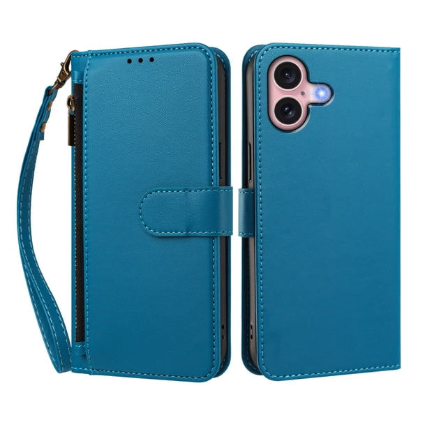 Funda Tipo Billetera para iphone16 con Soporte y Bolsillo con Cierre Azul