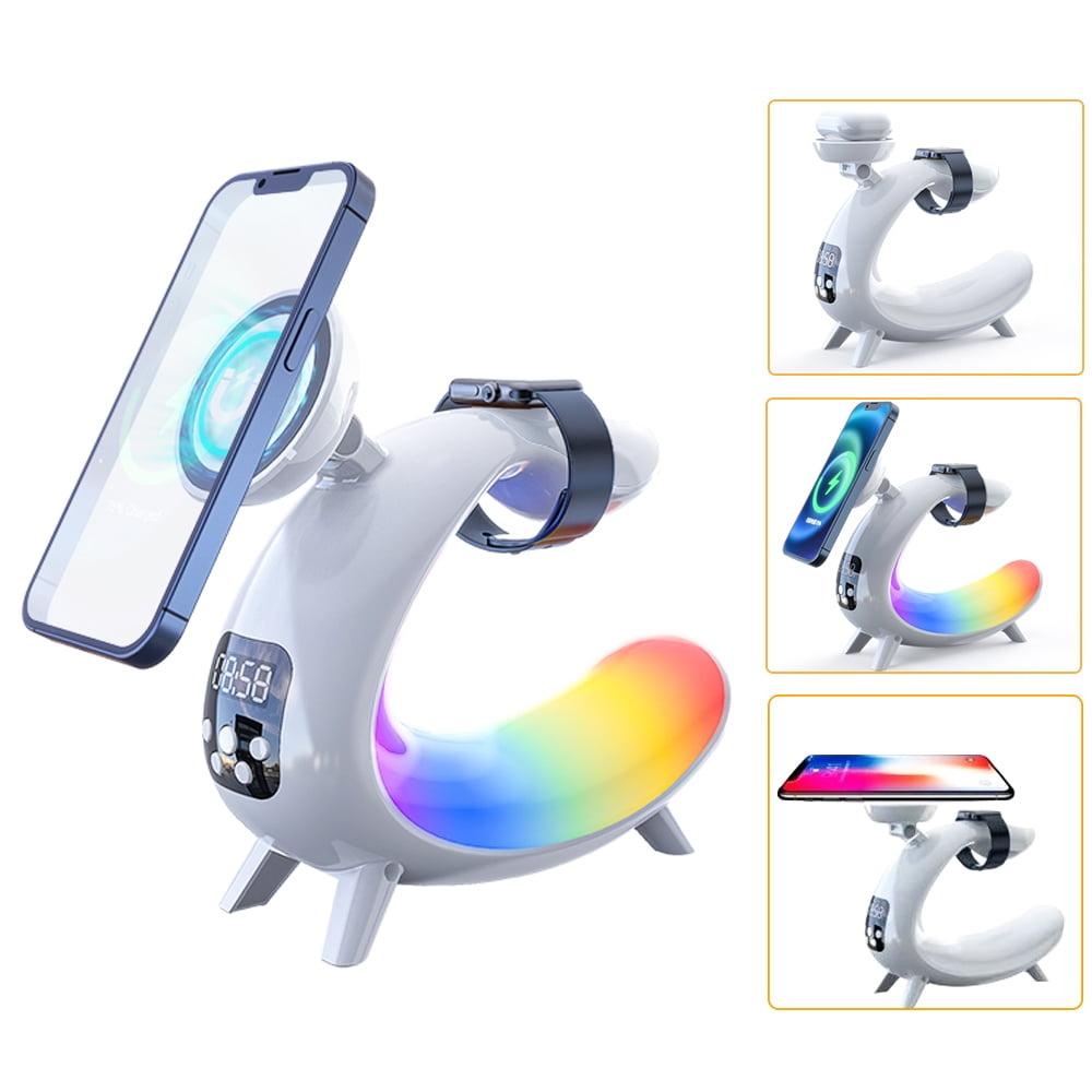 Genérico - Cargador Rápido Inalámbrico Magnético 6 En 1 De 15 W Con Altavoz Bluetooth, Reloj Despertador Y Luz Rgb Para Apple Watch/iphone15/14/13/12/11/airpods-blanco