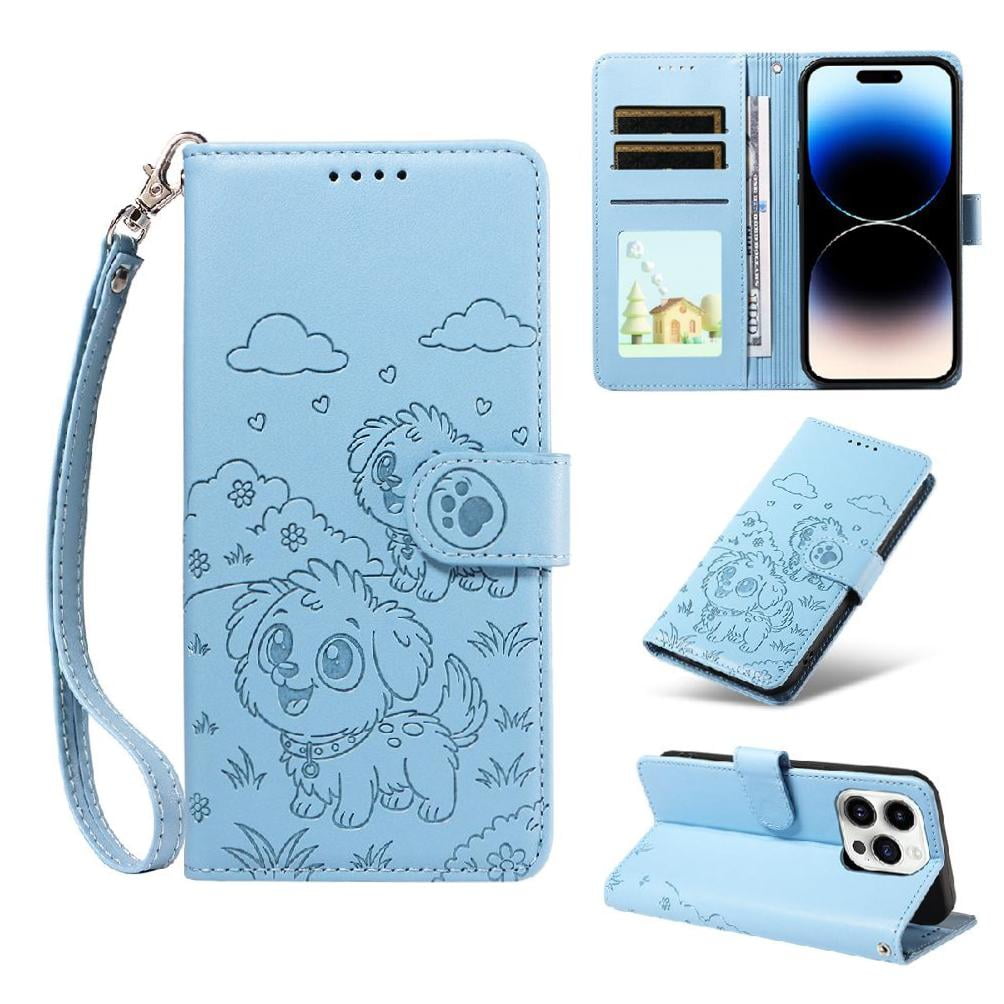 Foxdock - Funda Cartera Para Iphone 14 Pro Max Perro Cachorro Grabado Con Tarjetas Soporte Correa Azul