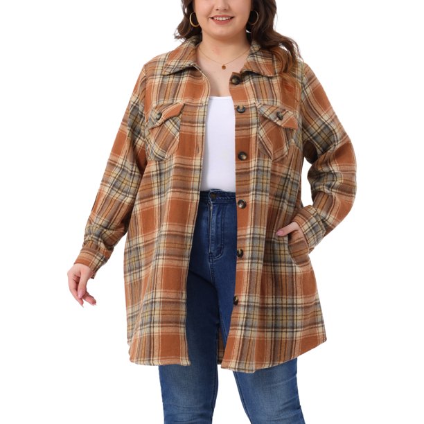 Agnes Orinda Conjuntos de Halloween para Mujeres Tallas Grandes Chaqueta Shacket de Cuadros Manga Larga Camisa de Franela con Botones Chaqueta de Moda 2X Naranja