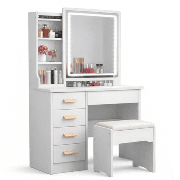 Tocador De Lujo Con Espejo De Luz Led Ajustable 130X80X50CM / Blanco Con Silla (Banquito)