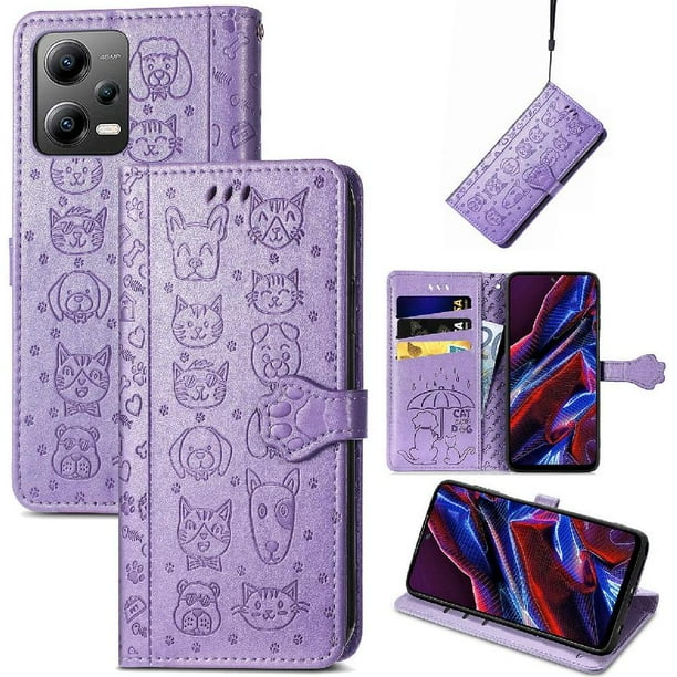 Funda Cartera FOXDOCK para XIAOMI POCO X5 , Flip PU con Relieve de Gatos y Perros, Tarjetero y Soporte