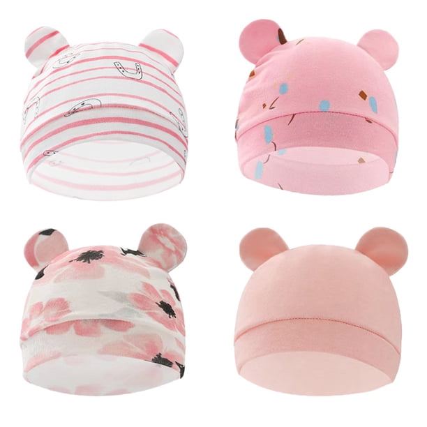 Get Your Hands on 4pcs of Adorable Cartoon Printed Hats for Your Newborn Baby Boy or Girl!