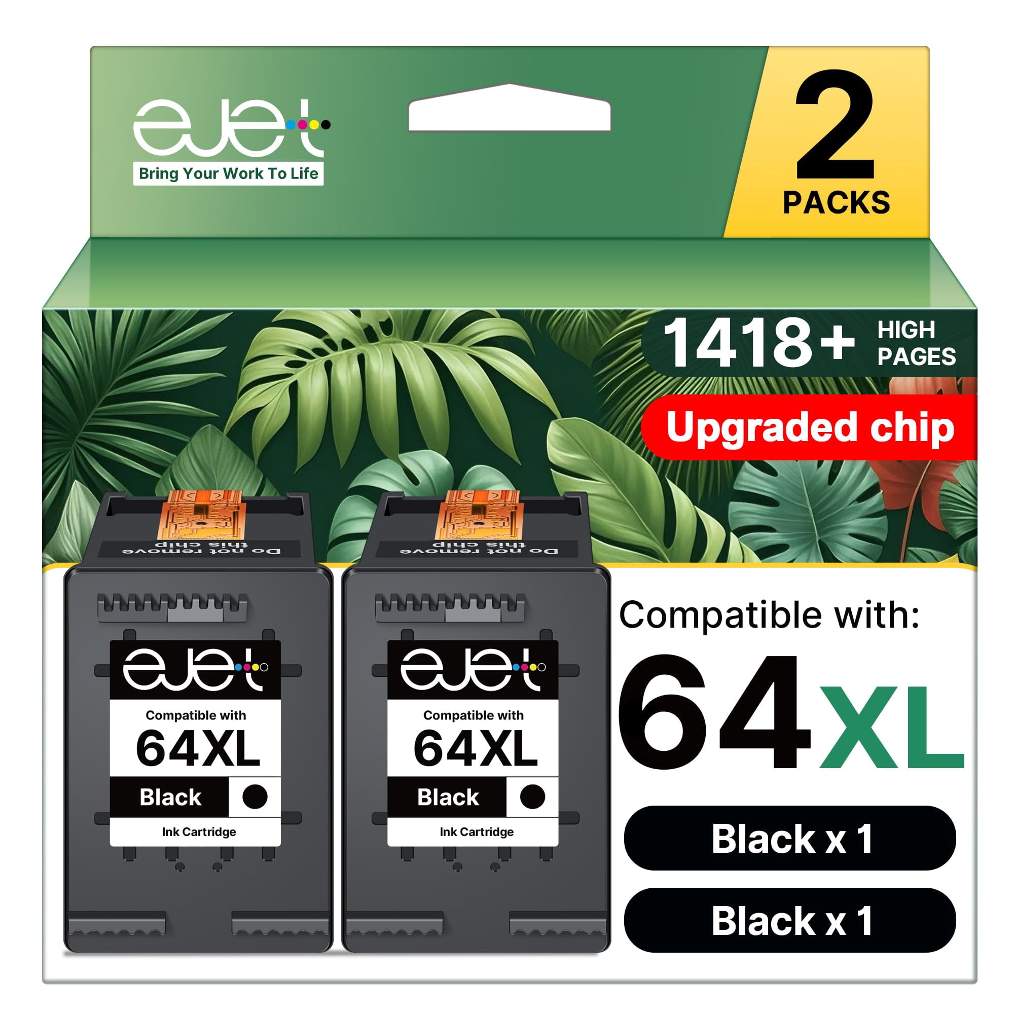 Cartuchos De Tinta Negra Ejet 64xl, Paquete De 2, Para Impresoras Hp