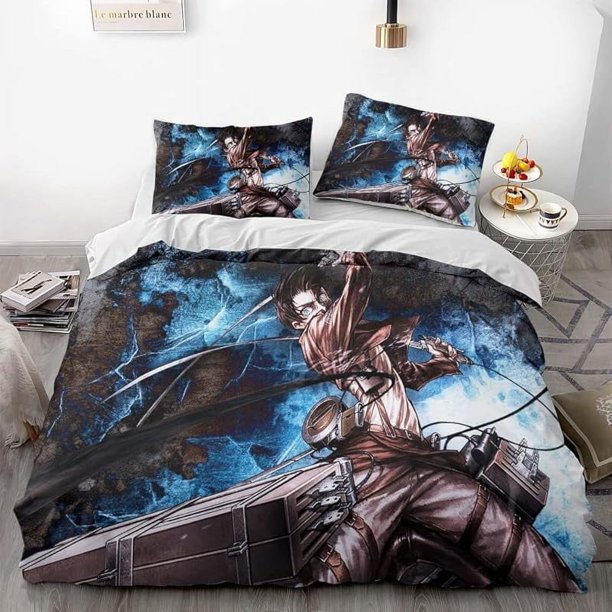 Attack- on G-iant Er-en Levi An-ime Soft 3D Printe-d Duvet- Cover B-edding Set with -Comfort-er Cover
